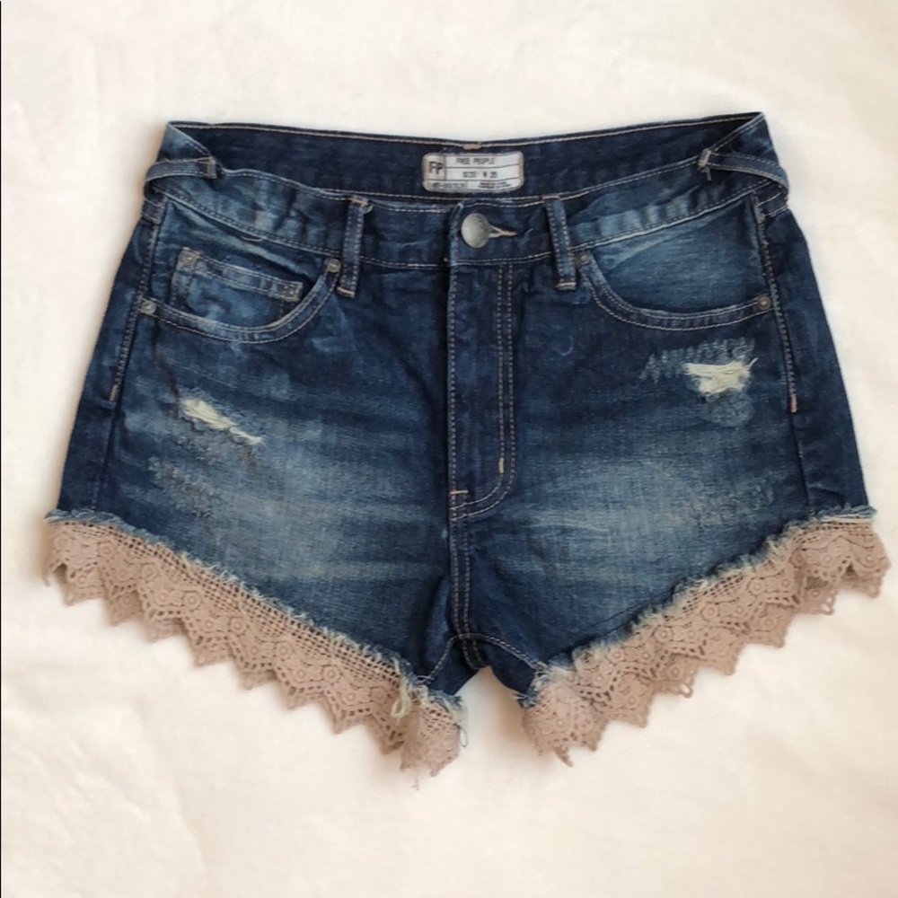 Free People Destroyed Crochet Hem Jean Shorts 25